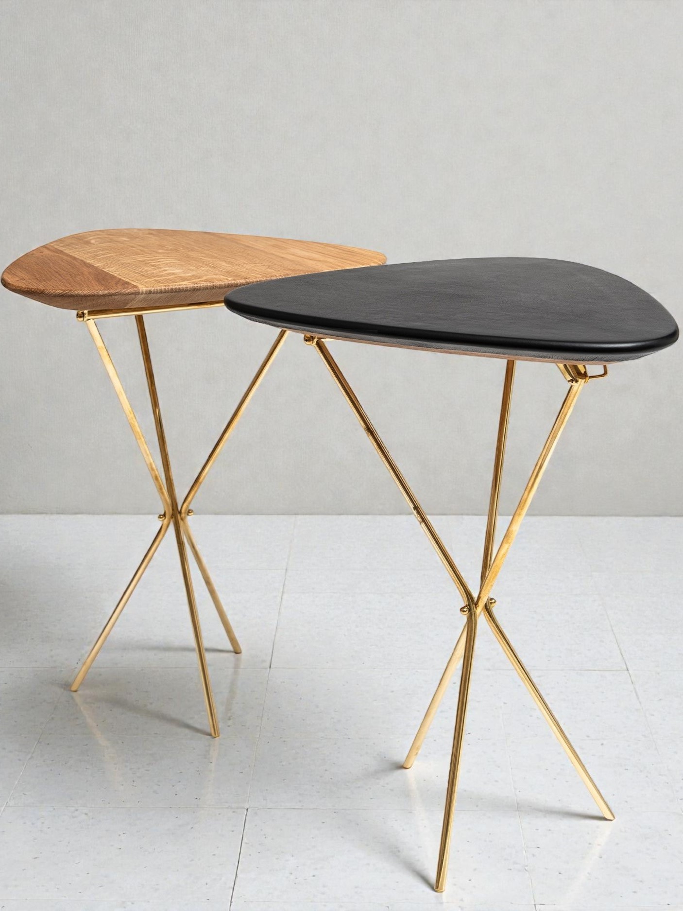 Tripod Table Oak, Leather and Brass