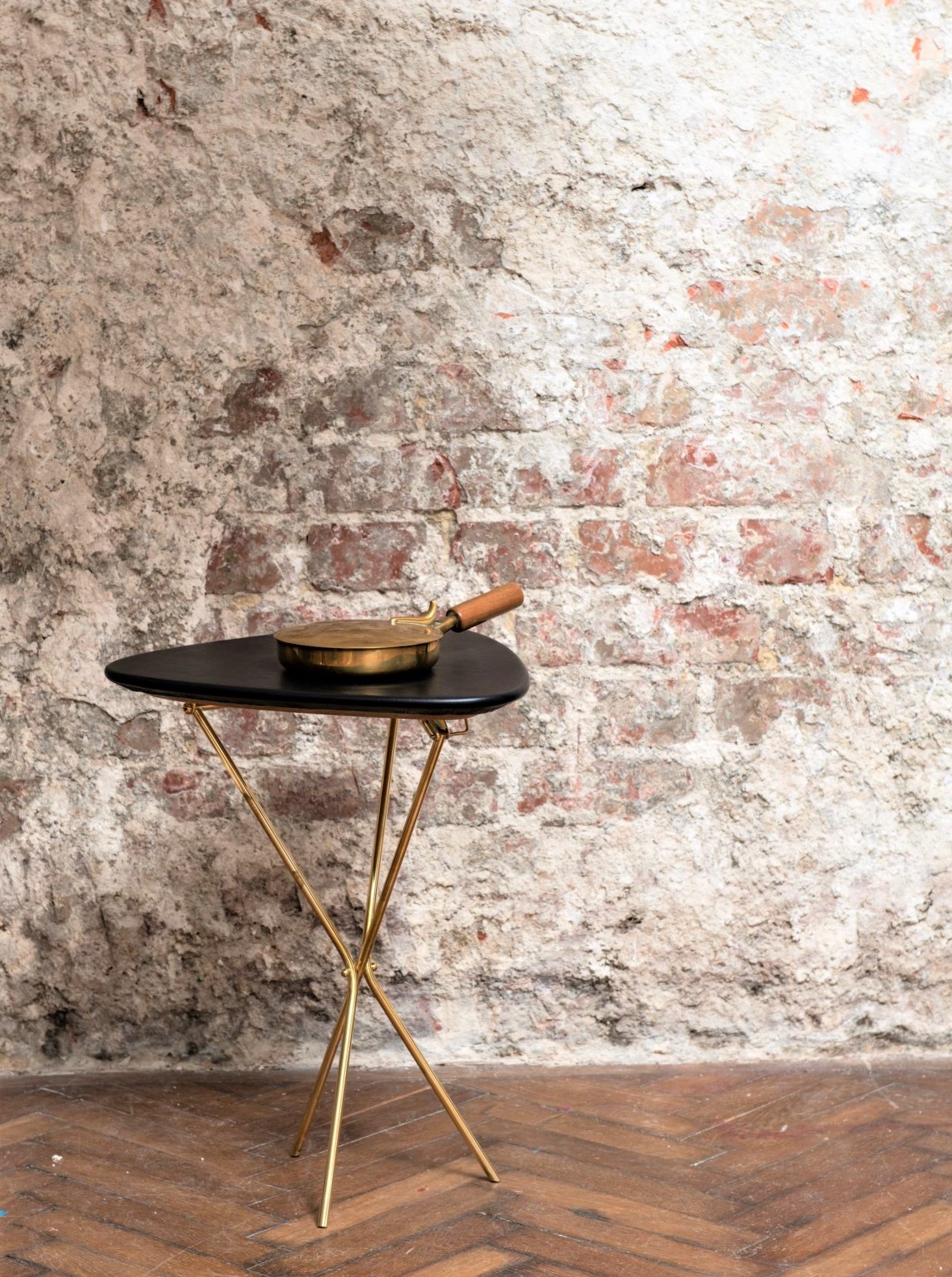Tripod Table Oak, Leather and Brass