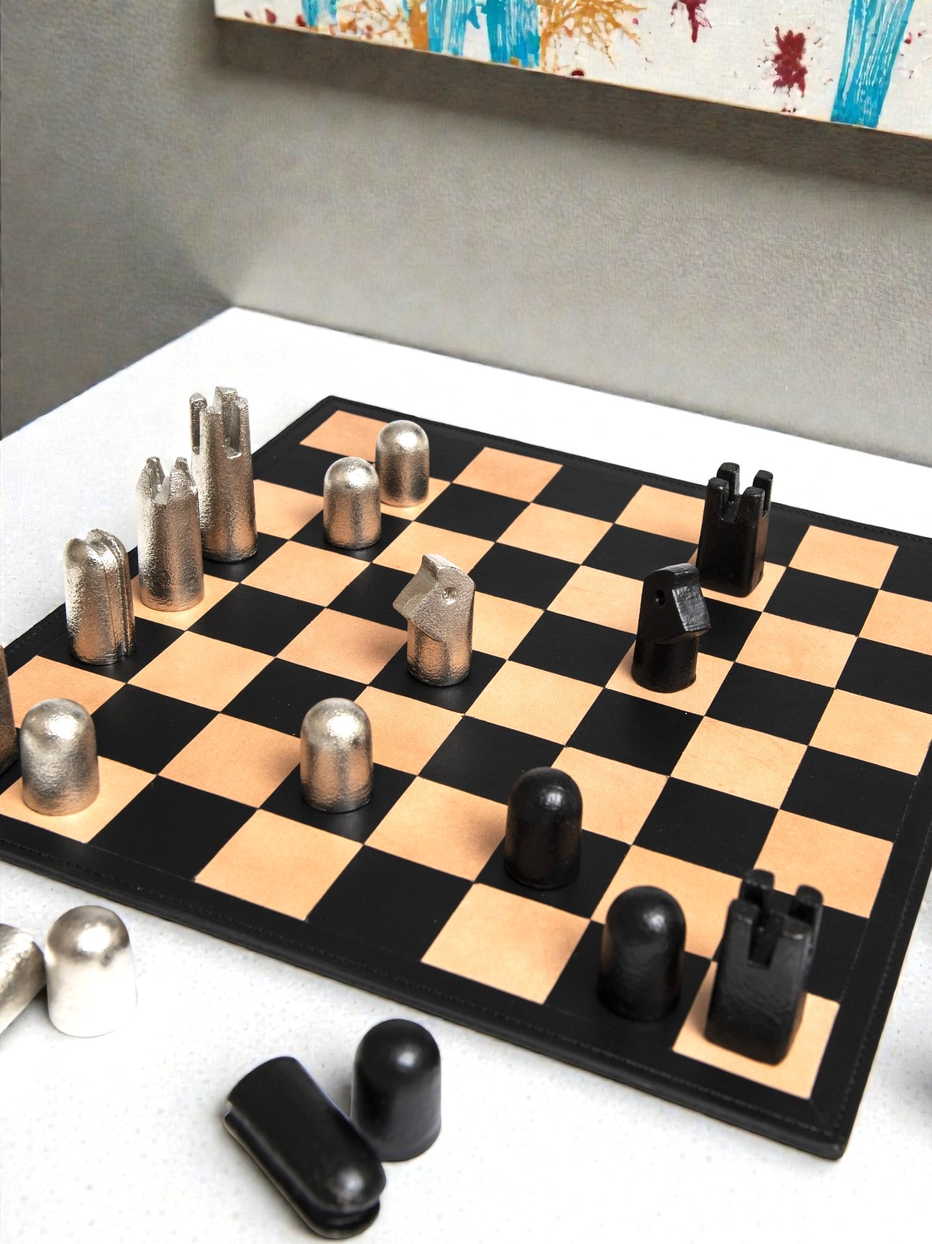 Chess Figures Cast Iron Enamel incl. cow hide leather Board